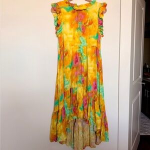 Karlie Size Small High-Low Maxi Dress Yellow watercolor print Flutter Sleeve